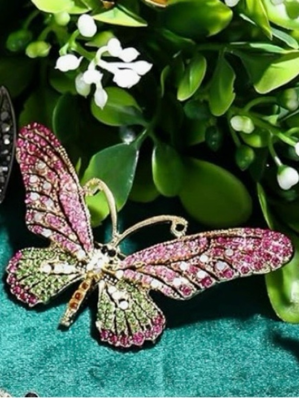 Pink & Green Crystal Butterfly Brooch - Gold-Tone Accent